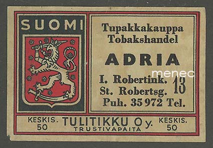 Kauppiasetiketti, Tupakkakauppa Adria, Helsinki 