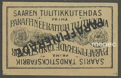 Tulitikkuetiketti, Saaren Tulitikkutehdas. Prima hehkumattomia vaarattomia tulitikkuja 
