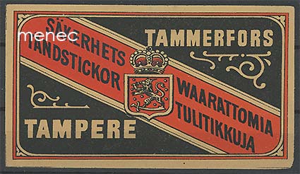 Tulitikkuetiketti, iso, Tampere. Waarattomia tulitikkuja, vaakuna-aihe 