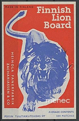 Tulitikkuetiketti, iso, Finnish Lion Board, Heinolan Faneritehdas 