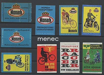 Tulitikkuetikettejä, pyöräaiheita, 9 kpl 