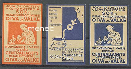 Tulitikkuetikettejä, metallinkiilloitusainetta ja paahdettua kahvia, 3 kpl