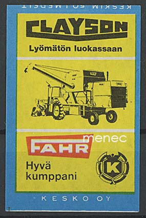 Tulitikkuetiketti, Clayson/Fahr puimakone/traktori 