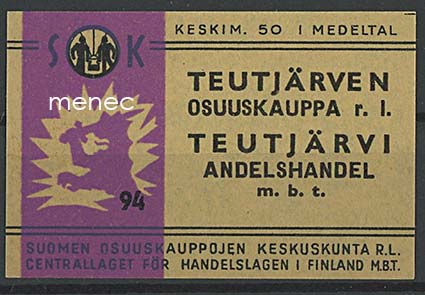 Kauppiasetiketti, Teutjärven Osuuskauppa, Elimäki 