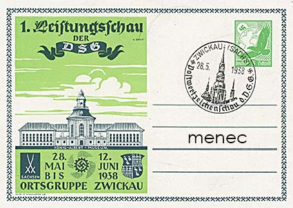 Saksa, postimerkkinäyttely Zwickau 1938, lentopostiehiö 5Pf 