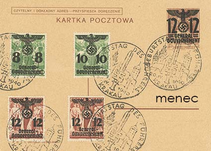 Saksa, Generalgouvernement, ehiö 12/15Pf 1940, kaksi korttia lisämerkein 