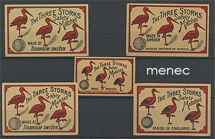 Tulitikkuetikettejä, Three Storks, 5 erilaista 