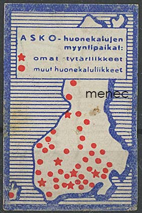 Tulitikkuetiketti, Asko-huonekalujen myyntipaikat 