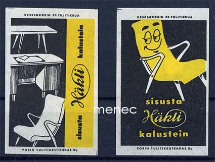 Tulitikkuetikettejä, Sisusta Häkli kalustein, 2 kpl 
