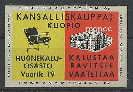 Tulitikkuetiketti, huonekaluosasto, Kansalliskauppa, Kuopio 