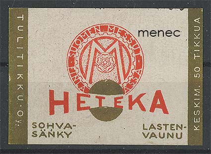 Tulitikkuetiketti, Heteka sohvasänky, lastenvaunu. Punaiset tekstit 