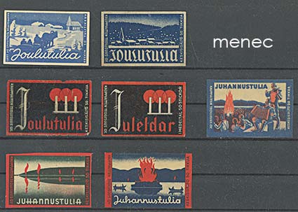 Tulitikkuetikettejä, joulu- ja juhannustulia, 7 kpl 