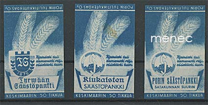 Tulitikkuetikettejä, säästöpankkeja tähkäaiheella, 3 kpl 