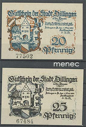 Saksa, Dillingen, 2 pularahaa, 20 ja 25 Pf 1920 