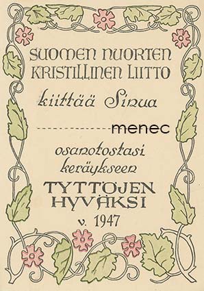 Kiitoskortti osanotosta Tyttöjen hyväksi -keräykseen v. 1947 