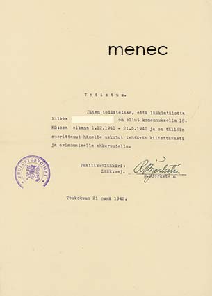 Lääkintälotan komennustodistus 21.5.1942 