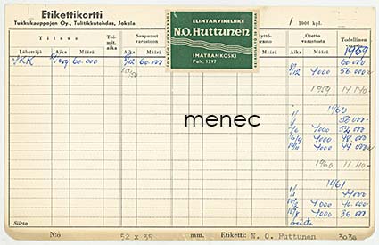 N. O. Huttunen, Imatrankoski, tulitikkuetiketin inventointi- ja tilaustietokortti 