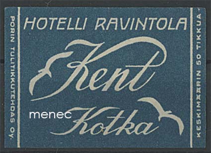 Tulitikkuetiketti, hotelli-ravintola Kent, Kotka 