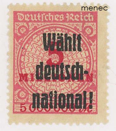 Saksa, inflaatiomerkki 5 milj. mk Deutschnationale Volkspartein ylipainamalla 