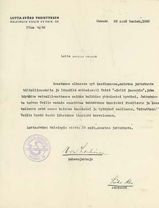 Helsingin Lotta Svärd (paikallisosasto XV) tervehtii rintamalla palvelevaa henkilökunnan jäsentä 1942 