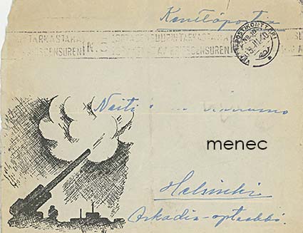 Ilmatorjunta-aiheinen kirjekuori, kulkenut kenttäpostissa 1940 