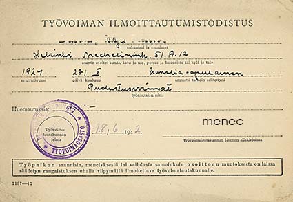 Puolustusvoimat, työvoiman ilmoittautumistodistus 1942 