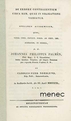 Palmén, Johannes Philippus - De errore contrahentium circa rem, quae in obligatione versatur 