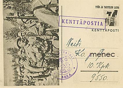 Miehiä marssilla, lähikuva, kenttäpostikortti 