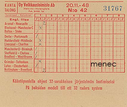 Veikkauskupongit 1948/42 ja 1976/33 