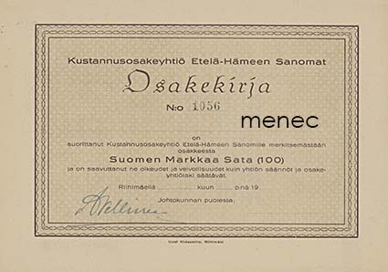 Kustannusosakeyhtiö Etelä-Hämeen Sanomat, Riihimäki, osakekirja 100 mk 