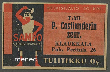 Seppä-tulitikkuetiketti, T:mi Costianderin seur., Klaukkala 
