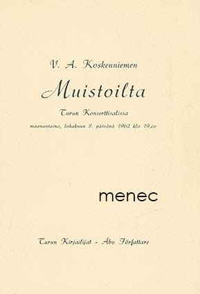 V. A. Koskenniemen muistoilta Turun Konserttisalissa 1962 