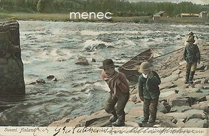 Oulunjoki, tervavene, kylä taustalla 