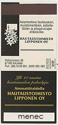 Tulitikkuetiketti, litteä, Hautaustoimisto Lipponen, Kajaani 