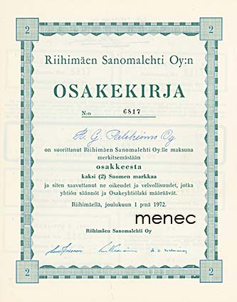 Riihimäen Sanomalehti, osakekirja, 2 mk 