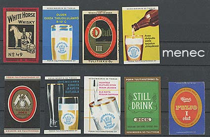 Tulitikkuetikettejä, alkoholijuomia, 9 kpl 