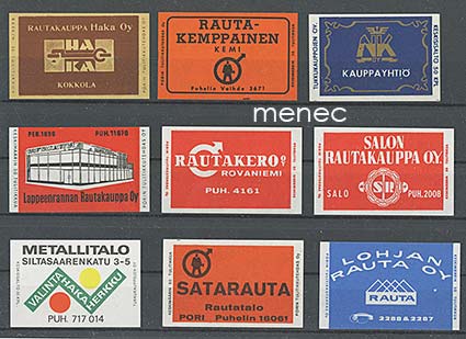 Tulitikkuetikettejä, rautakauppoja, 9 kpl 