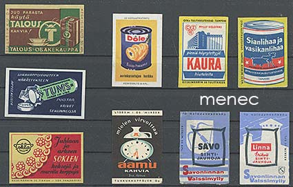 Tulitikkuetikettejä, elintarvikkeita, 9 kpl 