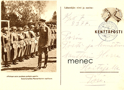 Mannerheim tarkastaa lottarivistöä, kenttäpostikortti 