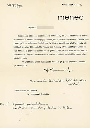 Palkanmaksujärjestelyä kapteenille tammikuussa 1940, kirje 