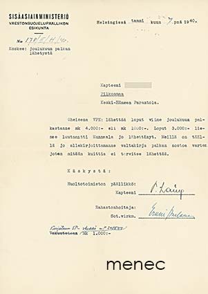 Palkanmaksujärjestelyä kapteenille parantolaan tammikuussa 1940, kirje 