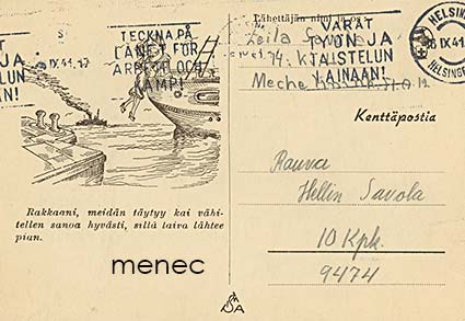 Rakkaani ... laiva lähtee pian, kenttäpostikortti 
