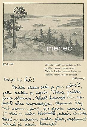 Meidän tääll' on niityt, pellot ... [Kenttäpostikortti] 