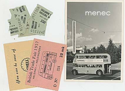 Englannin messut 1957, kortti erikoisleimalla (brittibussi Stadionin edessä), lippuja, repäisylippuja 