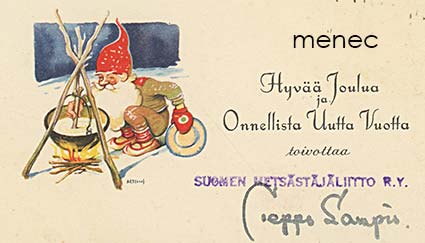 Artelius, Helge - Tonttu puurolla, Suomen Metsästäjäliiton käyttämä pienoiskortti 