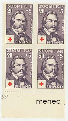 Punainen Risti 1948, 20+5mk Fredrik Cygnaeus, nelilö 