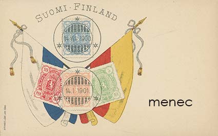 Suomalaisen postimerkin muistoksi, lippuaihe, ruotsi - suomi - venäjä -postikorttitausta 