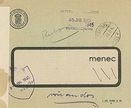 Luxemburg, murrosajan 10.1.1945 lähetys leskelle: invaliditodistus ja kaksi vuokralipuketta 