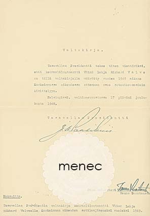 Paasikivi, 150 - Valtakirja kenraaliluutnantti Väinö Valveelle Korkeimman oikeuden sotilasjäseneksi 1949 