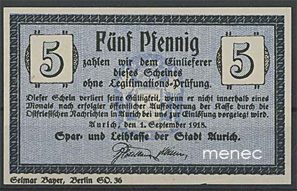 Saksa, Aurich, pularaha 1918, 5 Pf 